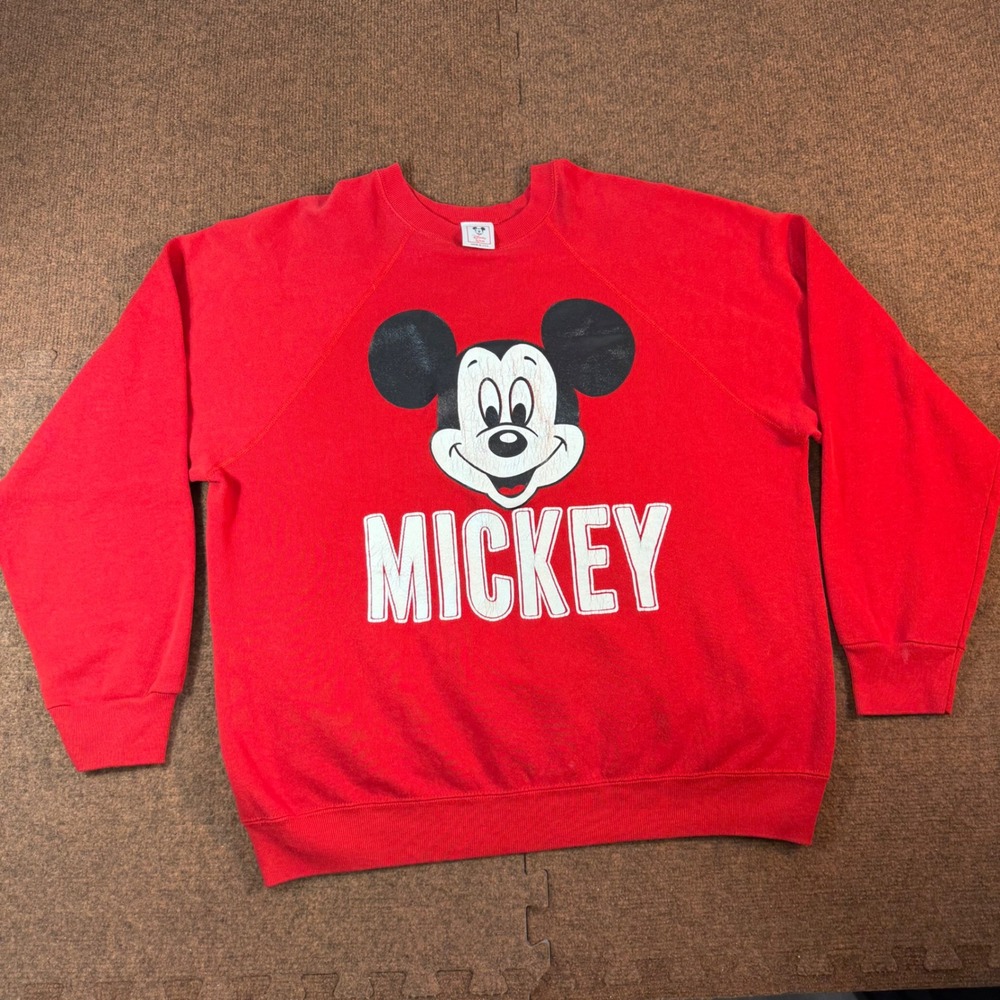 Vintage Disney Mickey Mouse Sweatshirt Red Mens XL Made in USA Raglan 80s 90s